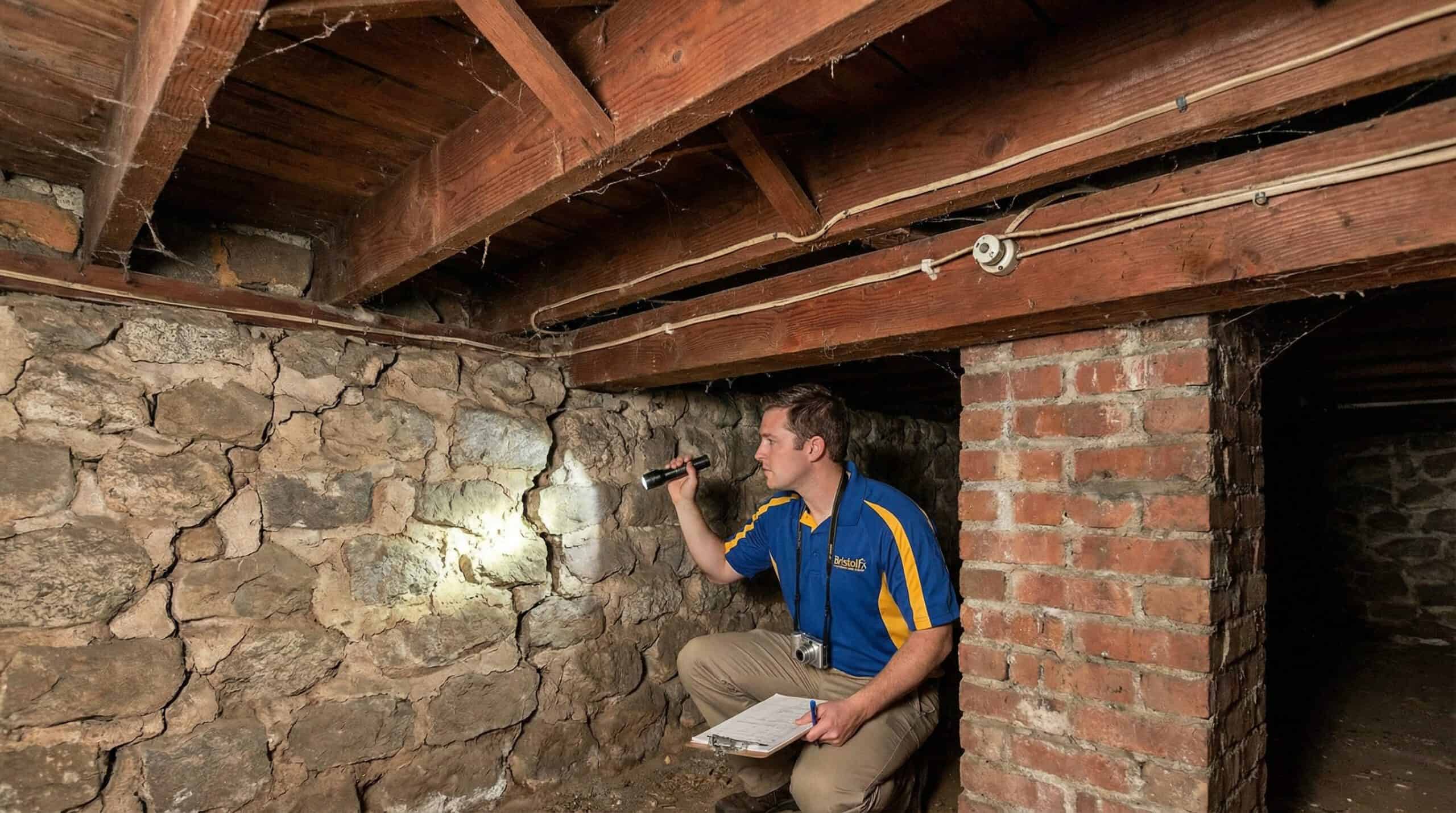 Inspection of creek stone damaged foundation stem wall in Pasadena
