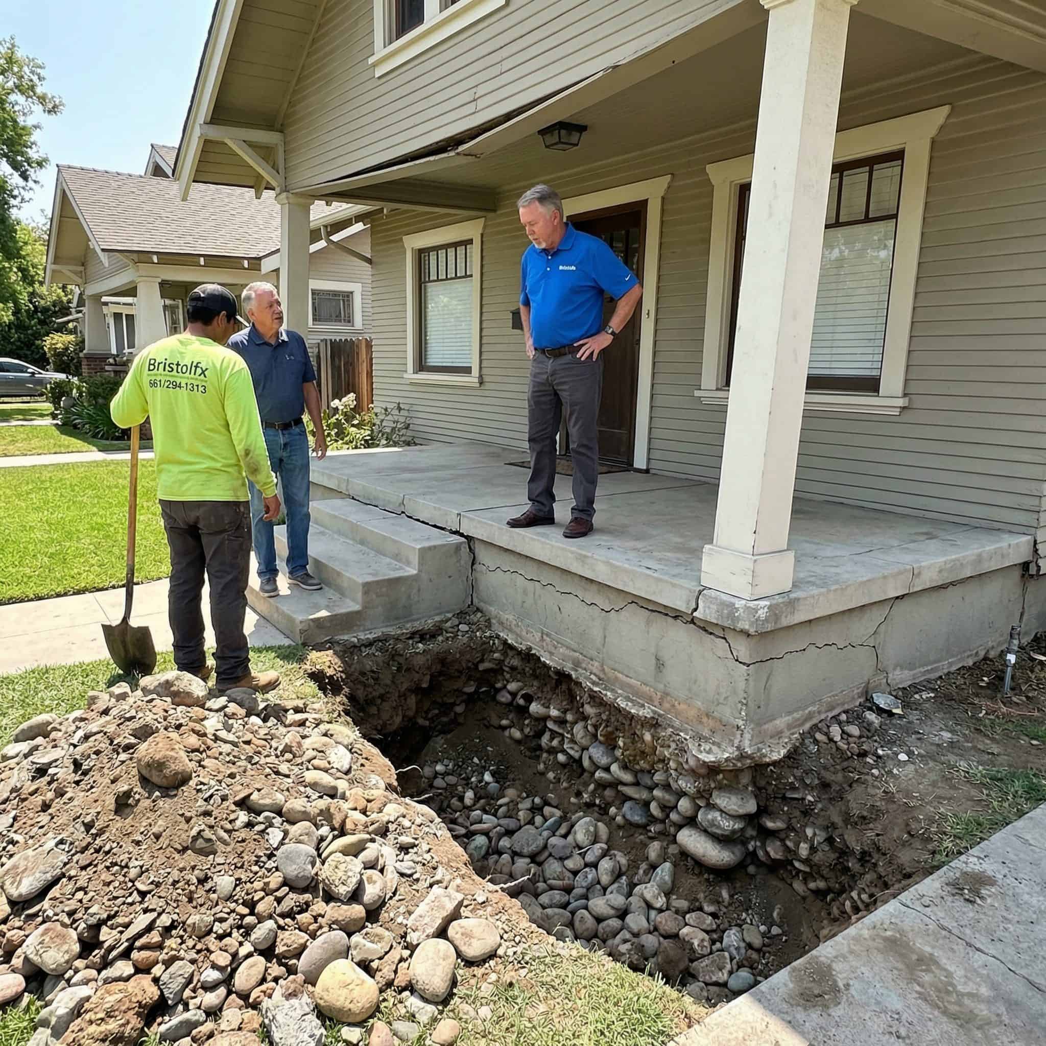 Homeowner and crew examining creek stone rubble