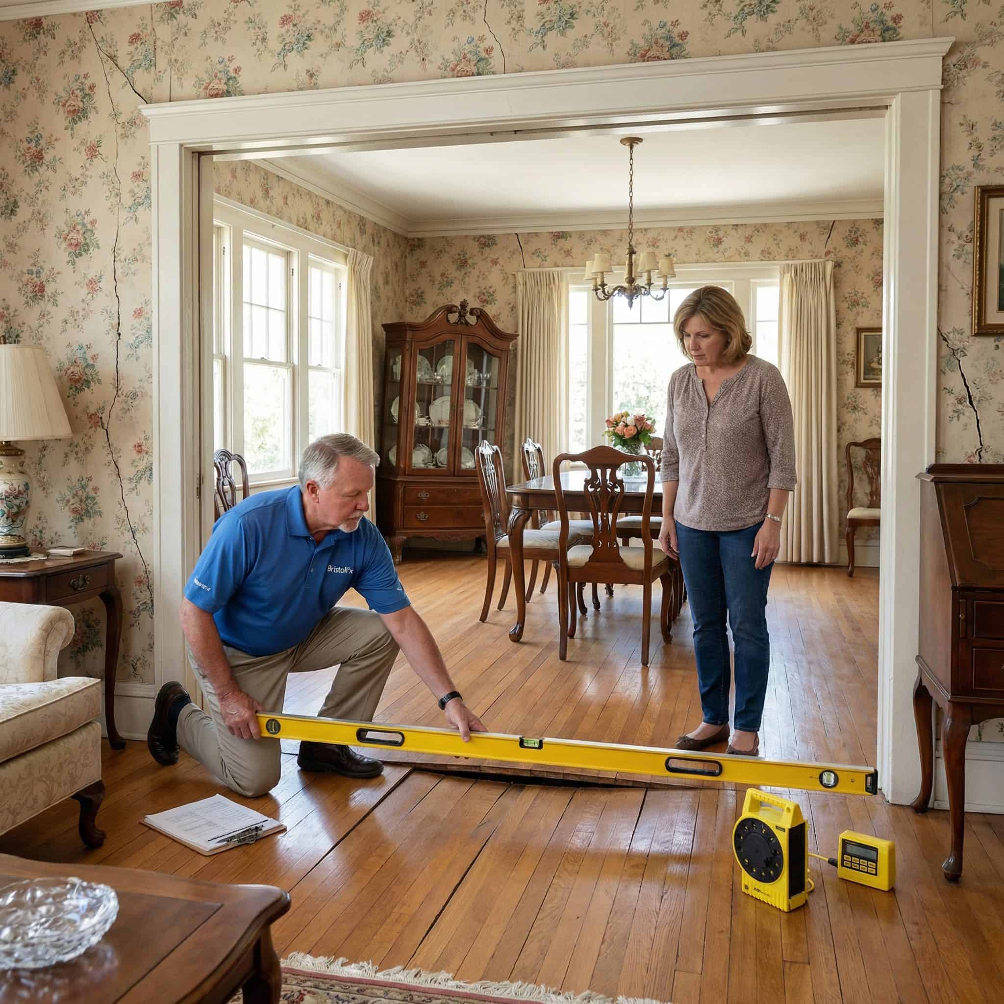 Pasadena homeowner being shown sagging floor caused by failed beams