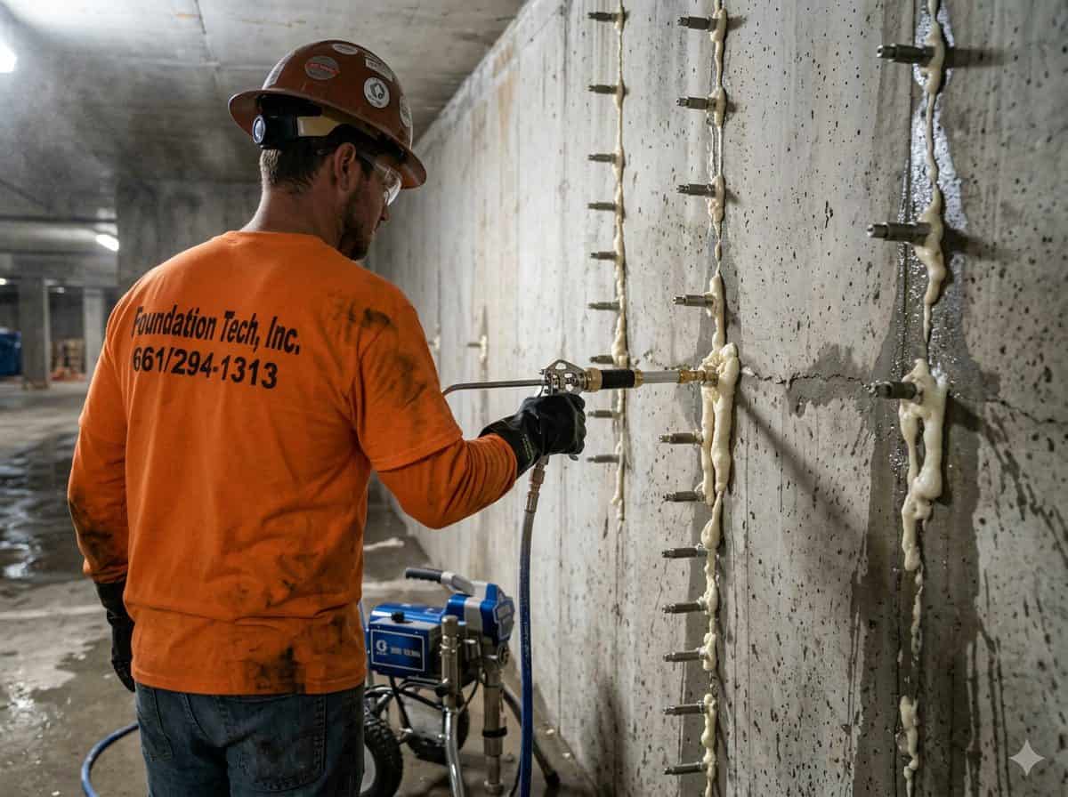 Technician injecting acrylate water-stop polyurethane foam to stop active water intrusion in a condo underground garage wall.