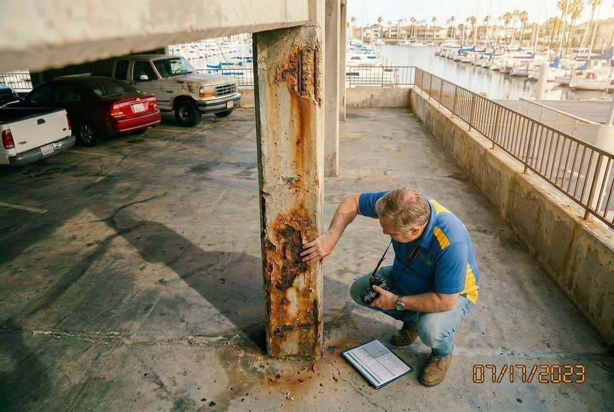 Marina Del Rey apartment parking structure showing severe concrete corrosion due to close proximity to the harbor.