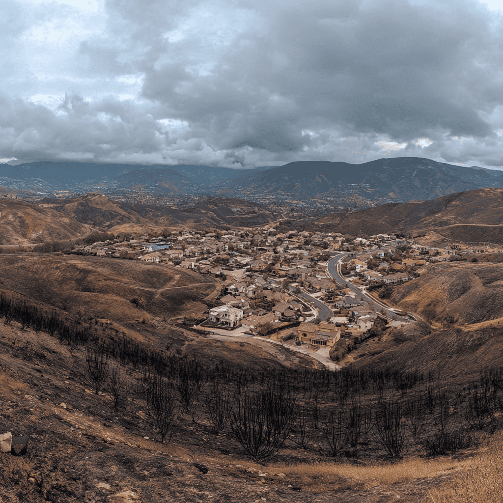 Burned Thousand Oaks California hillside with bare slopes above residential neighborhood showing erosion risk.
