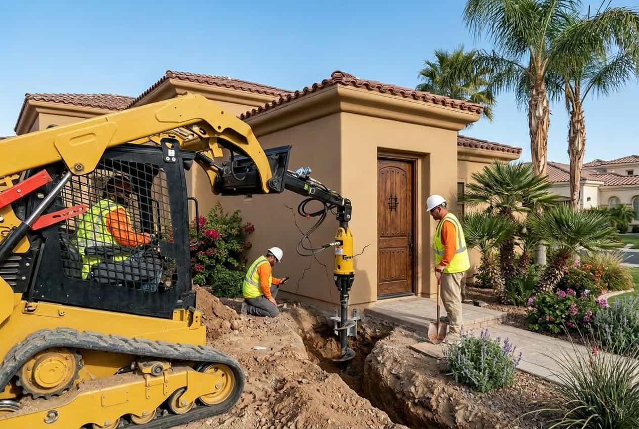 Steel helical pier being driven beside residential foundation at Thousand Oaks job site — pier passes through clay and fill to bedrock