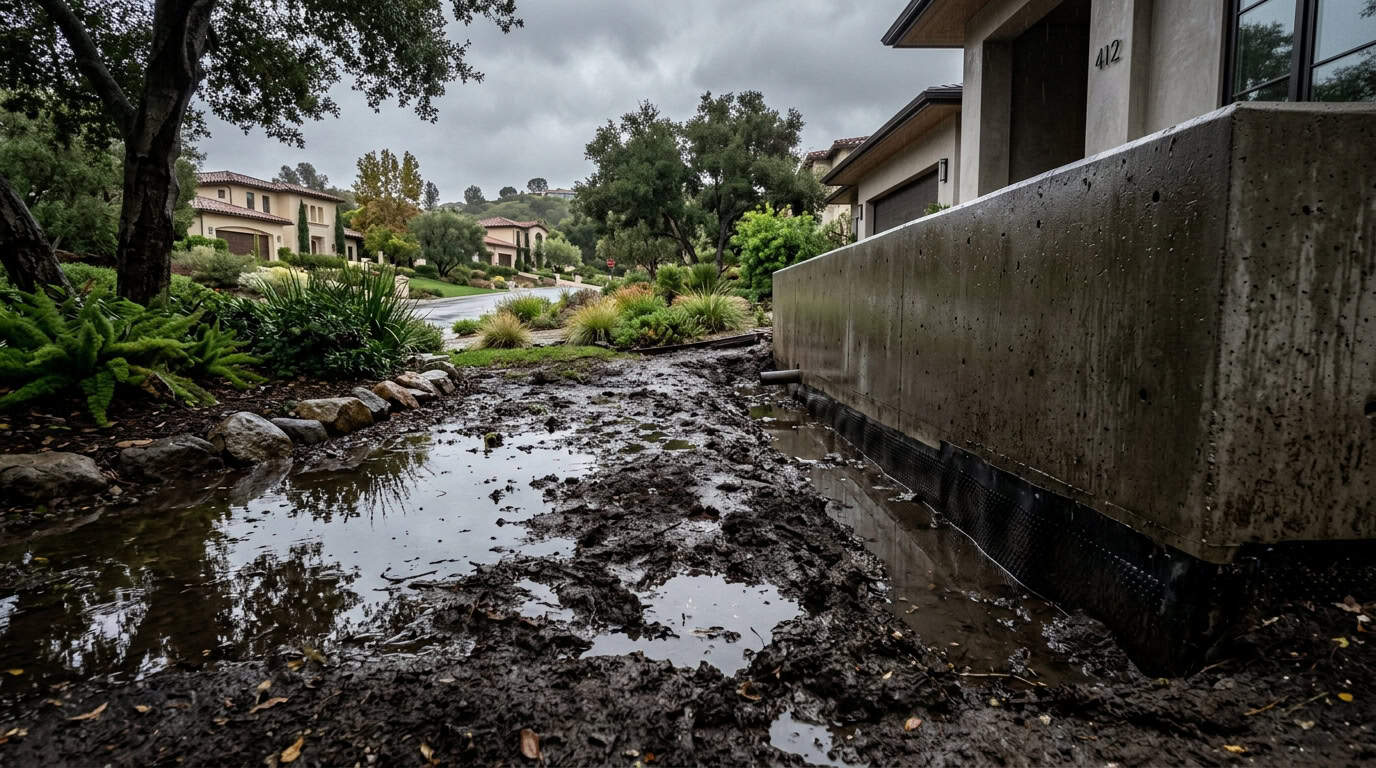 Saturated soil pooling against a concrete foundation after Conejo Valley rain — triggering clay expansion and the ratchet effect
