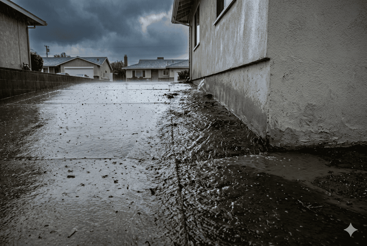 Heavy rain water rushing down a residential driveway toward a house foundation in Southern California with water pooling at the base of a stucco wall