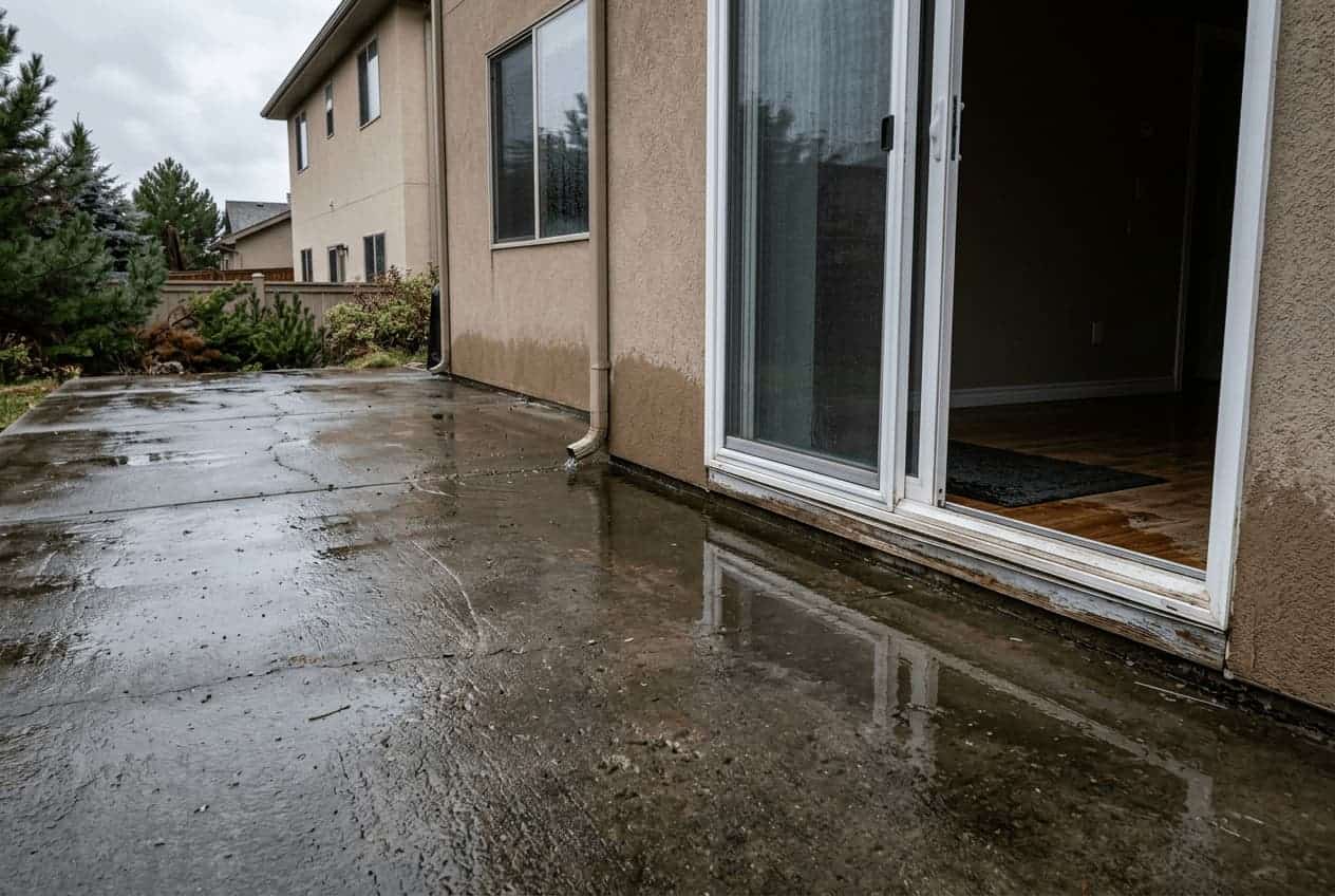 Water pooling on patio slab that has settled toward house — every rainstorm now drives water at the stucco wall and above the sill plate