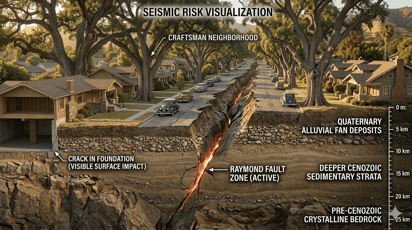 Raymond Fault seismic risk visual showing fault line through Pasadena