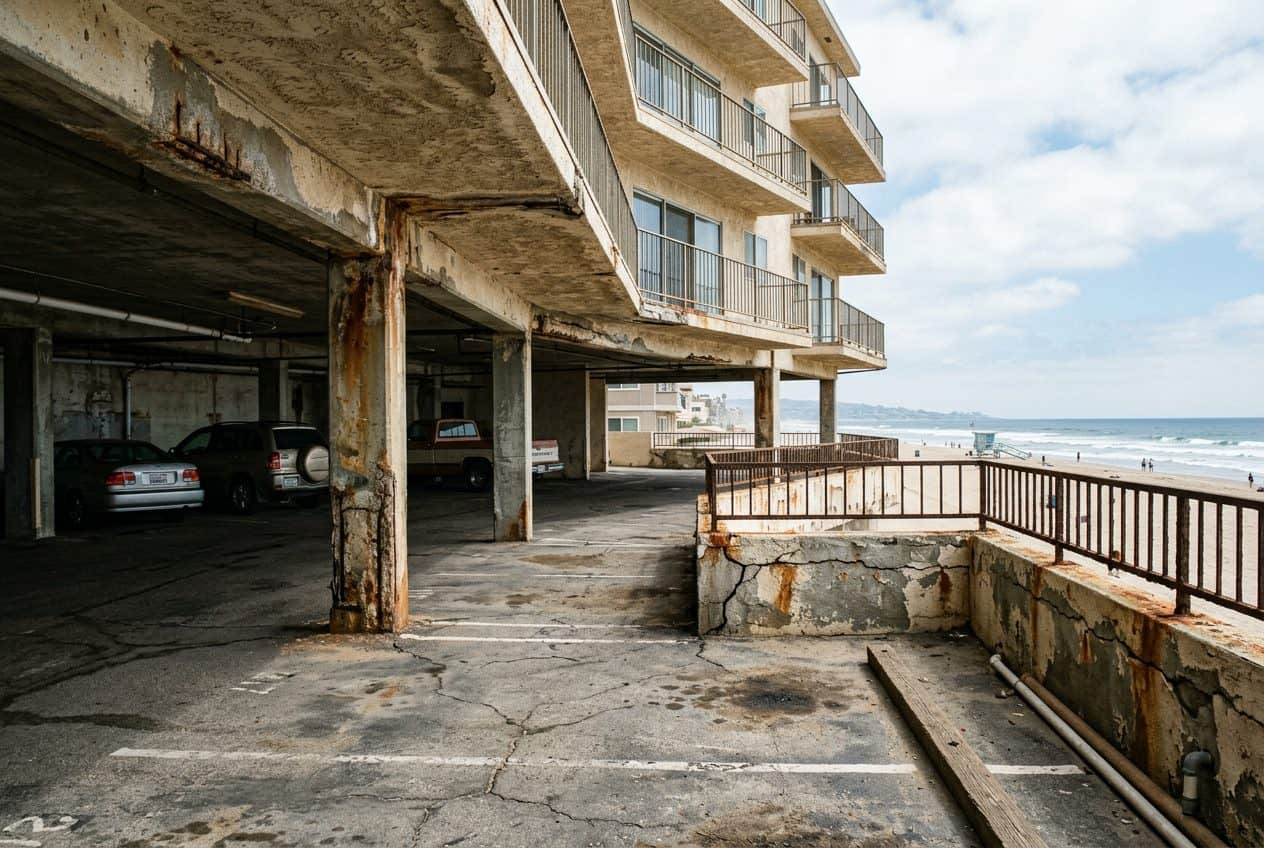 Redondo Beach condo building showing salt corrosion damage from ocean proximity.