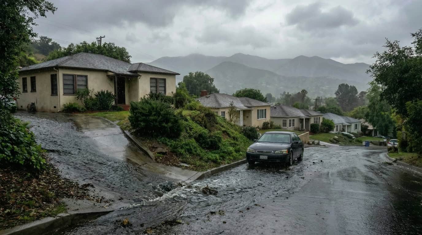 Water rushing toward a residential foundation in Southern California showing the need for below-grade waterproofing.