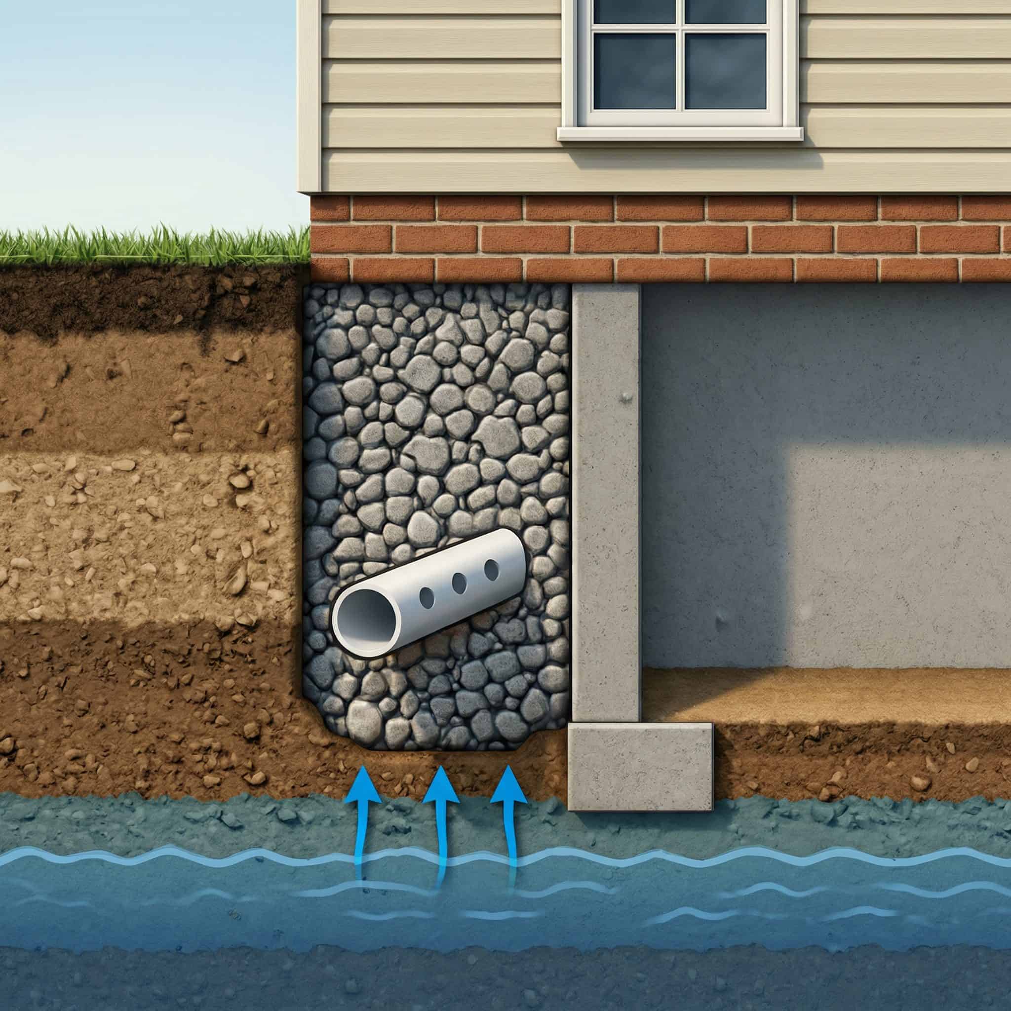 Architectural cross section of a french drain installed against a basement wall