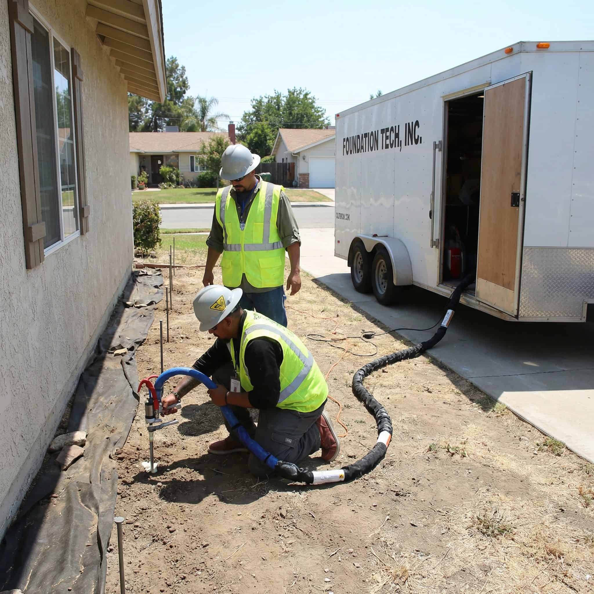 Bristol FX crew injecting polyurethane foam under a residential foundation to stabilize and lift
