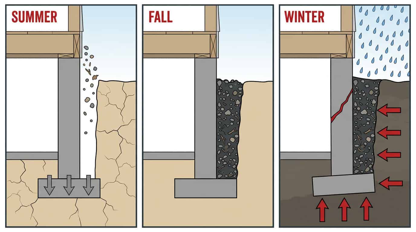 Conejo Ratchet Effect diagram — Summer gap opens, Fall debris fills, Winter clay cannot return foundation to level