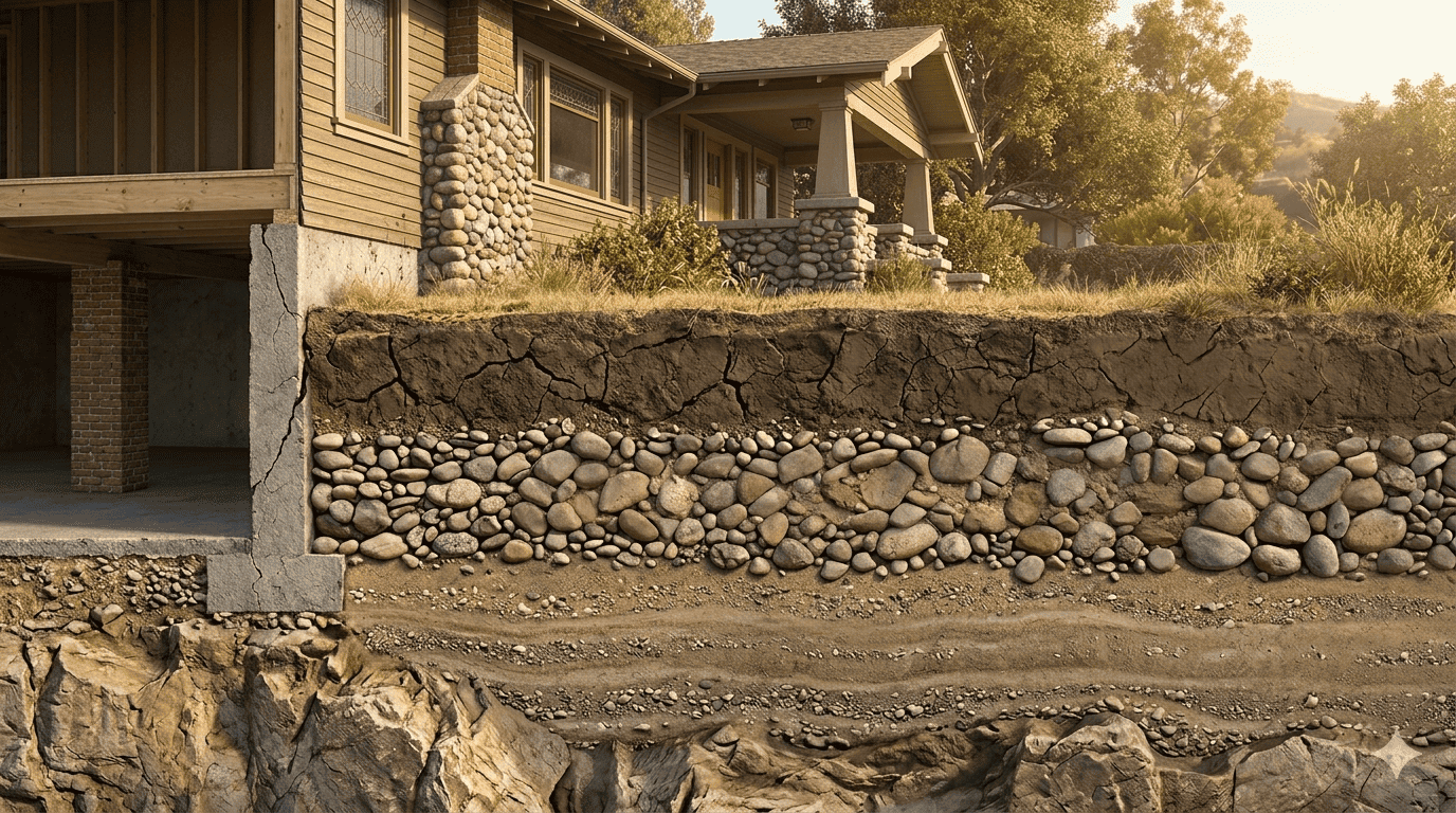 Soil layer cutaway showing conditions beneath Pasadena foundations