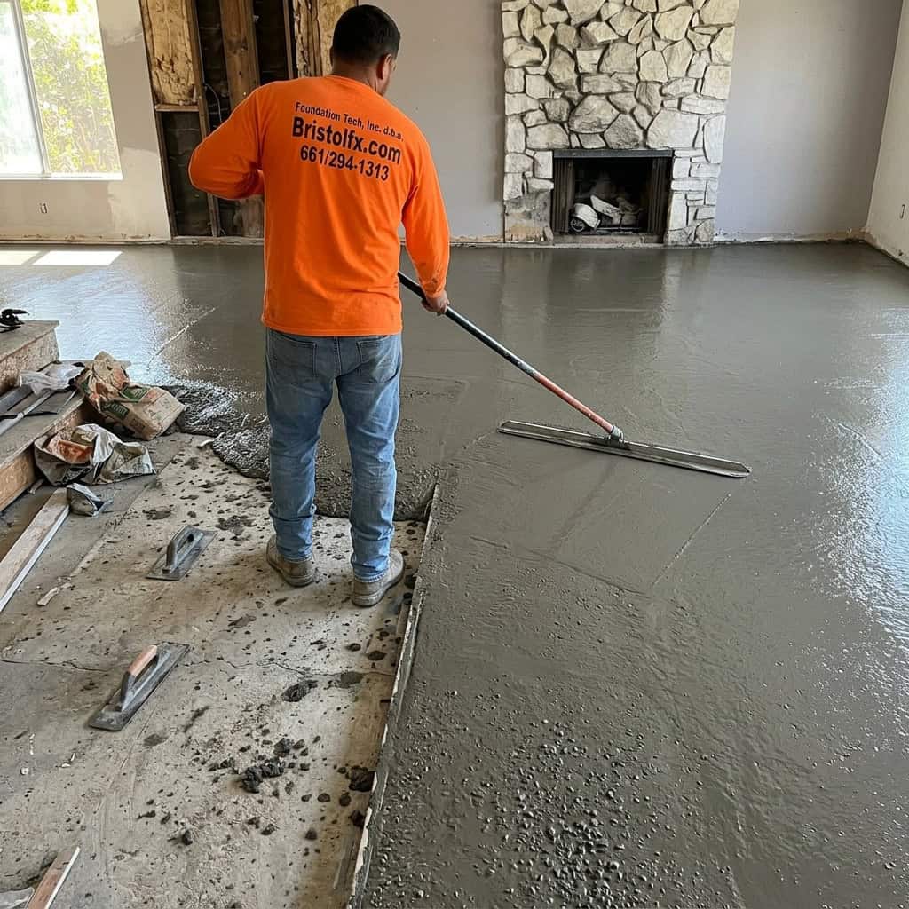 New living room concrete slab poured and finished after Sycamore root removal — same Thousand Oaks home completely restored