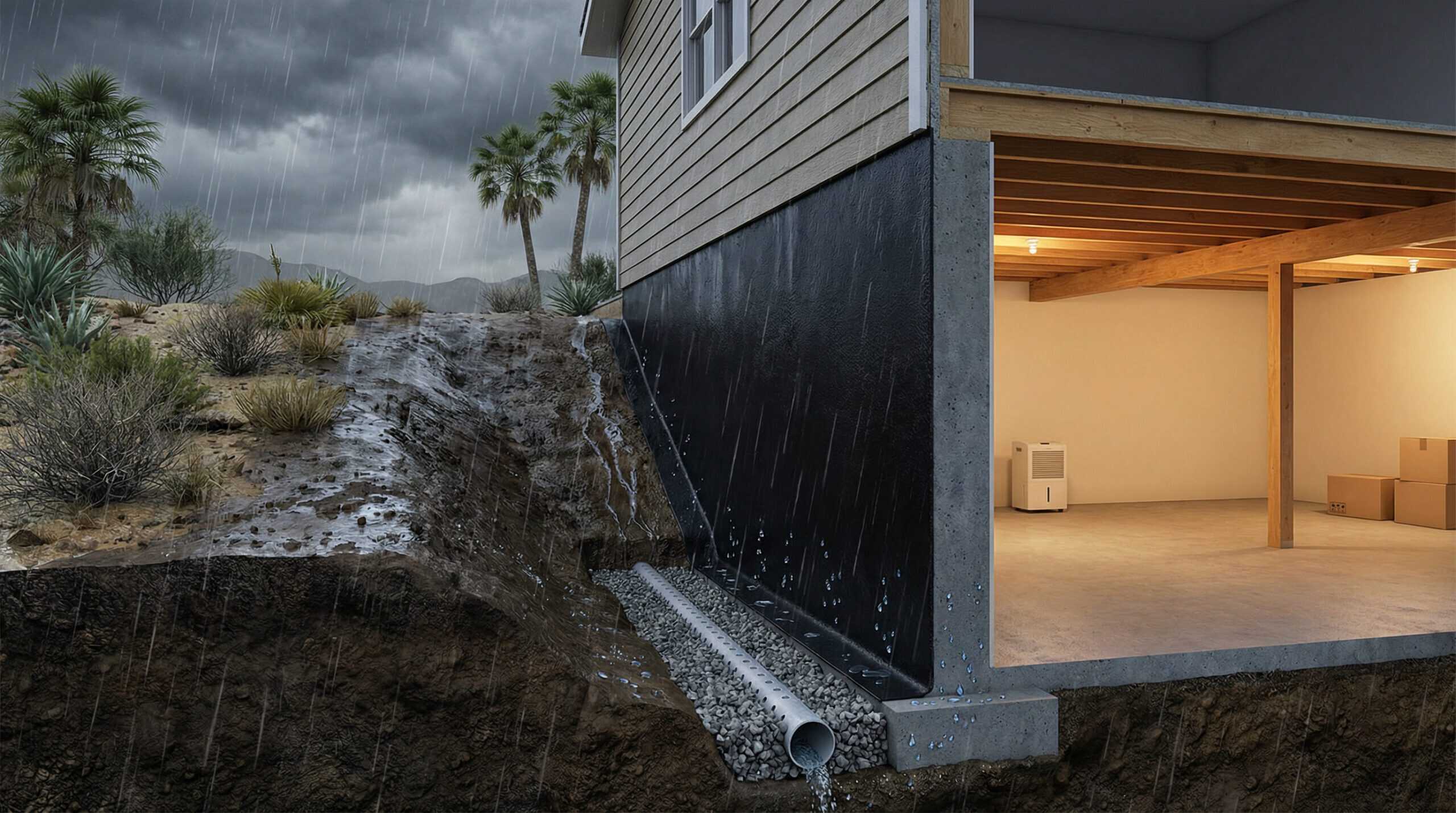 Architectural cross-section diagram of a French drain installation against a residential foundation stem wall