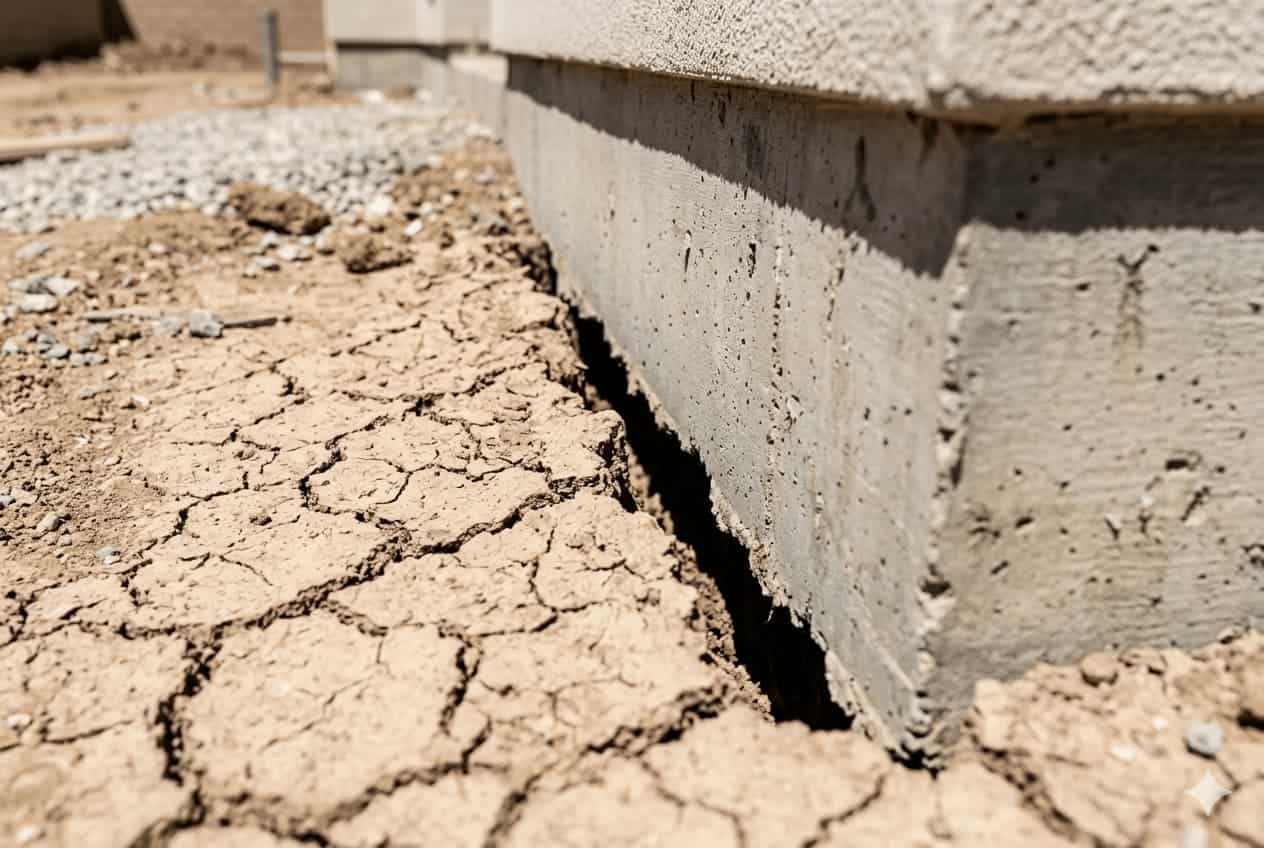 Close-up of a concrete residential foundation stem wall with a visible gap between the concrete and dry cracked soil โ caused by summer soil shrinkage