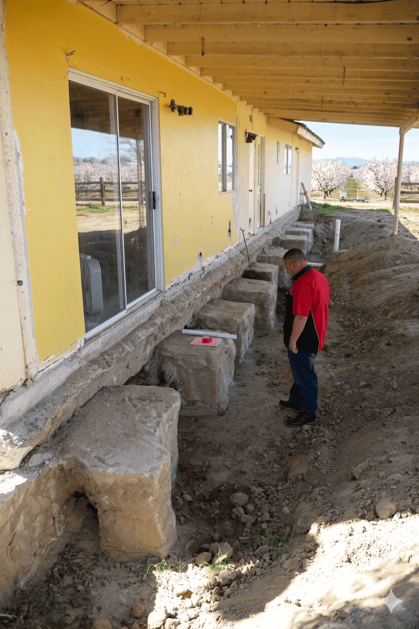 Foundation Tech inspector examining a previous foundation repair failure in Rosedale, Bakersfield.
