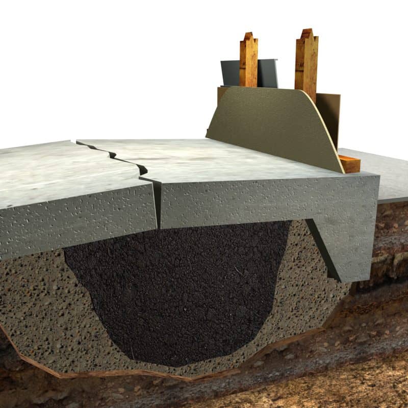 Diagram showing how swelling expansive clay causes slab heave and foundation damage.