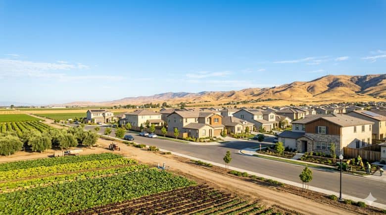 Bakersfield California farming landscape with golden hills in the background.