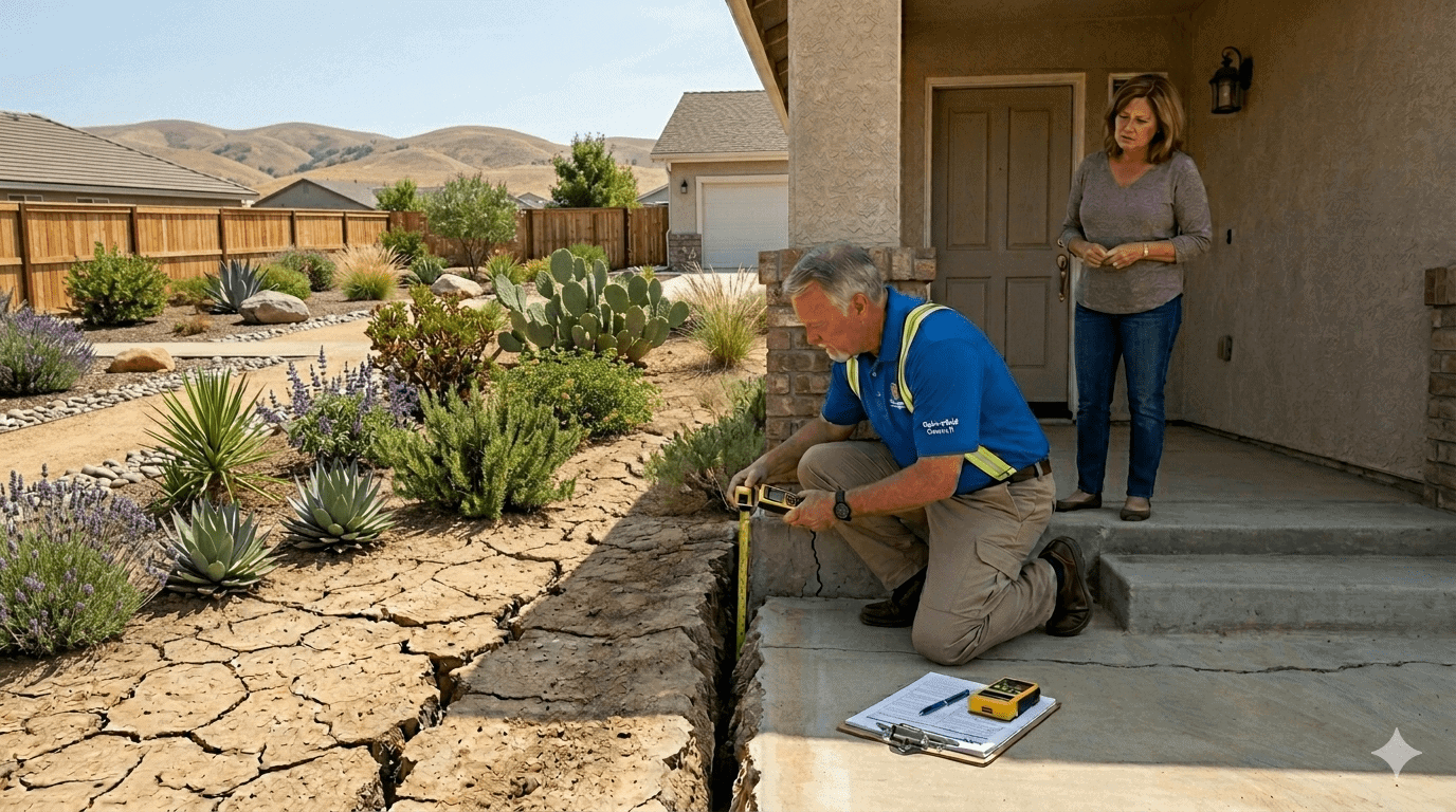 Jerold Bronstrup measuring the depth of a soil shrinkage crack at a Bakersfield home.