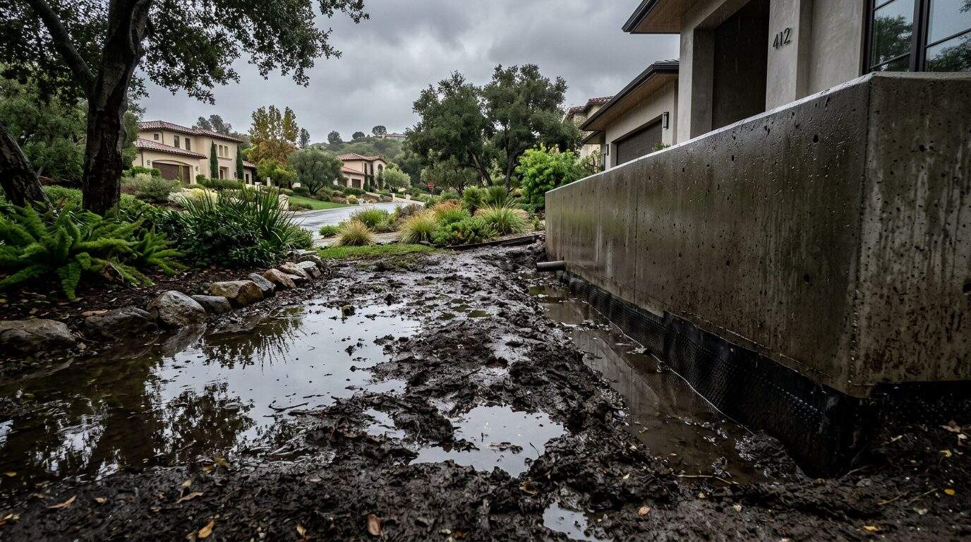 Dark saturated soil pooling with standing water against a concrete residential foundation after heavy rain