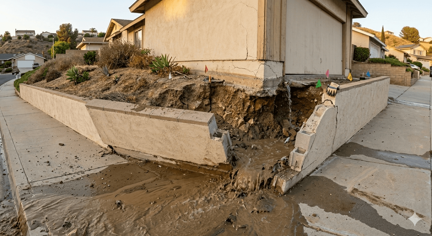 Moorpark foundation repair experts — suburban Ventura County home with erosion damage and wall failure
