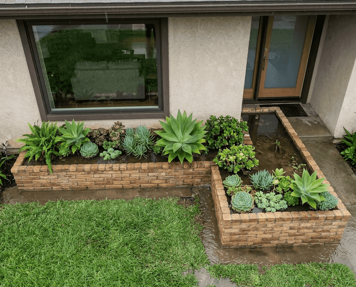 Planter constructed against a foundation wall showing water filling and seeping through into the foundation and sill plate of the home