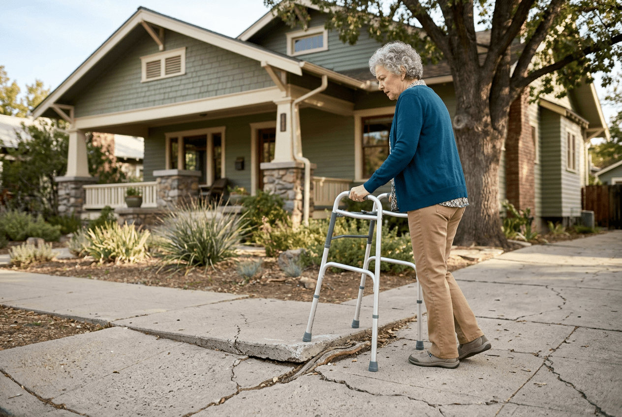 Senior using a walker on a cracked, uneven sidewalk