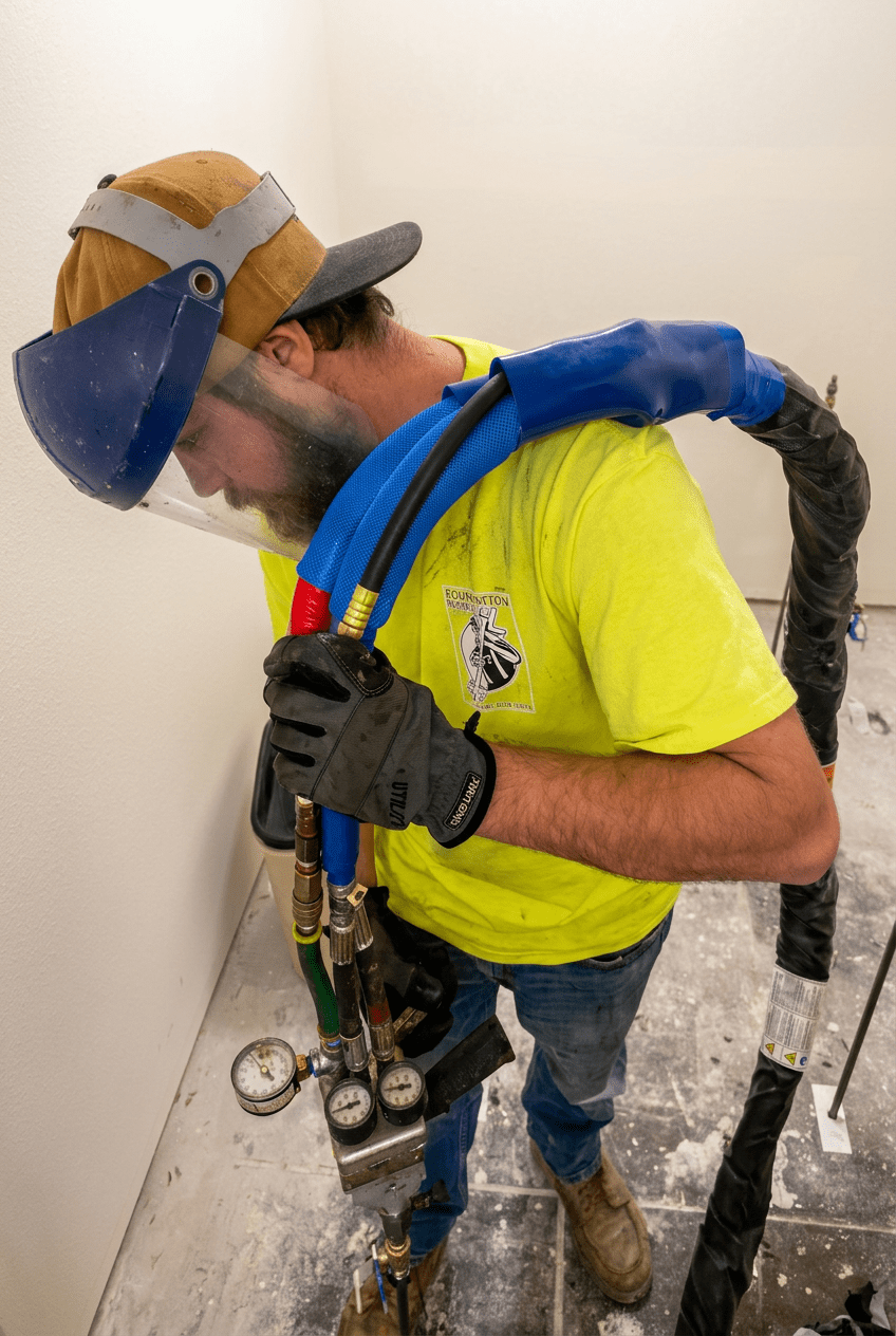 Close-up of polyurethane foam injection equipment lifting a concrete slab
